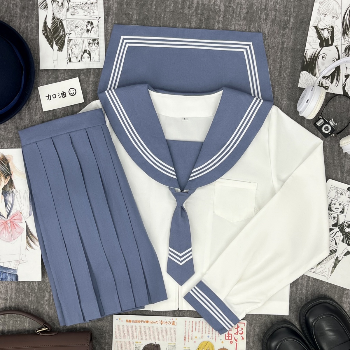 青月社基础款蓝领白三本水手服