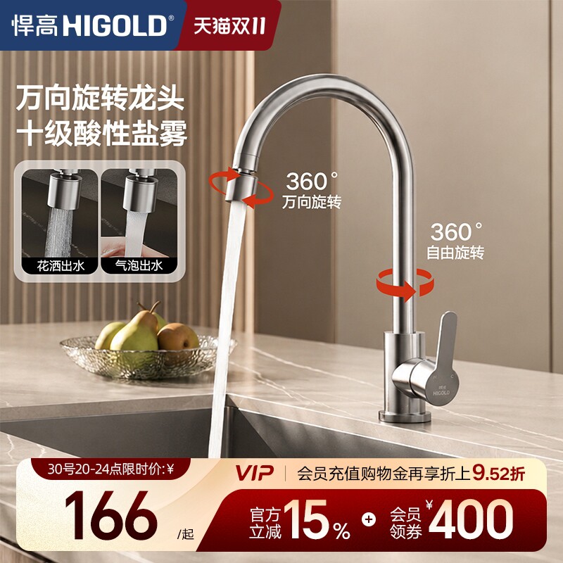【政府补贴15%】悍高水龙头厨房专用冷热水加长防溅洗菜盆
