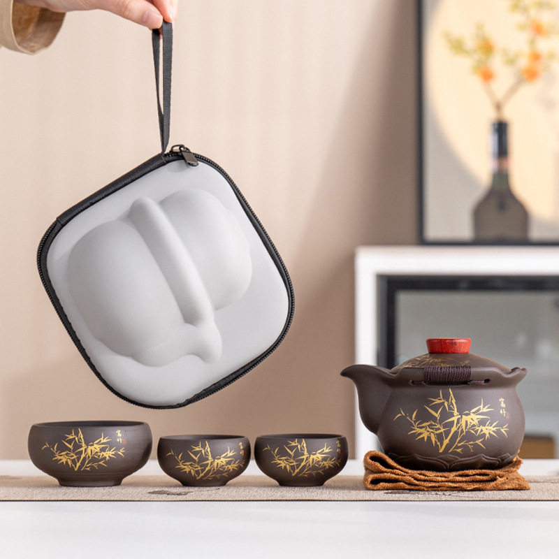 紫砂旅行茶具手抓泡一壶三杯
