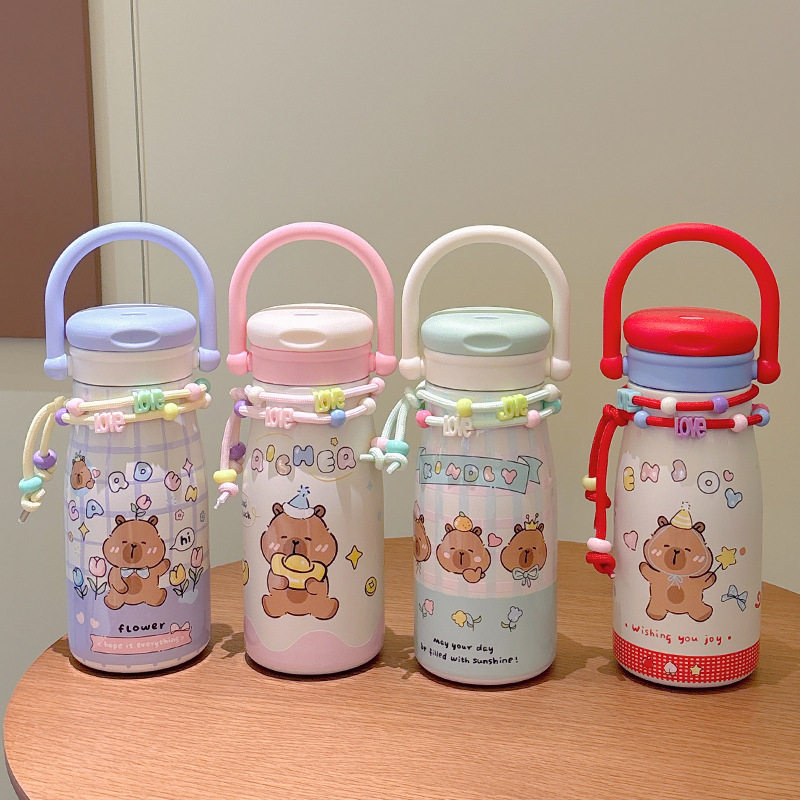 新款卡通316不锈钢提手双饮保温杯可爱高颜值女生便携随行吸管杯