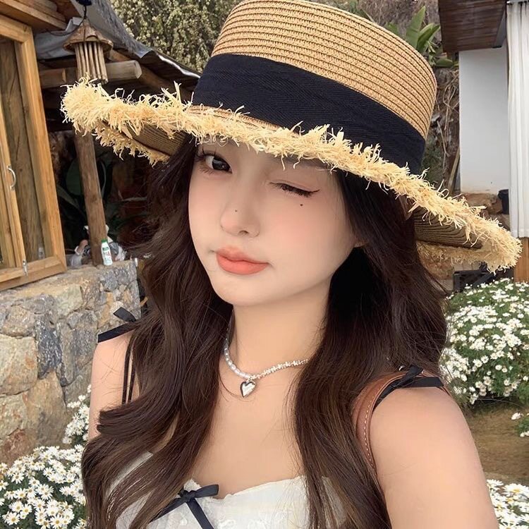 蝴蝶结毛边草帽女夏季防晒