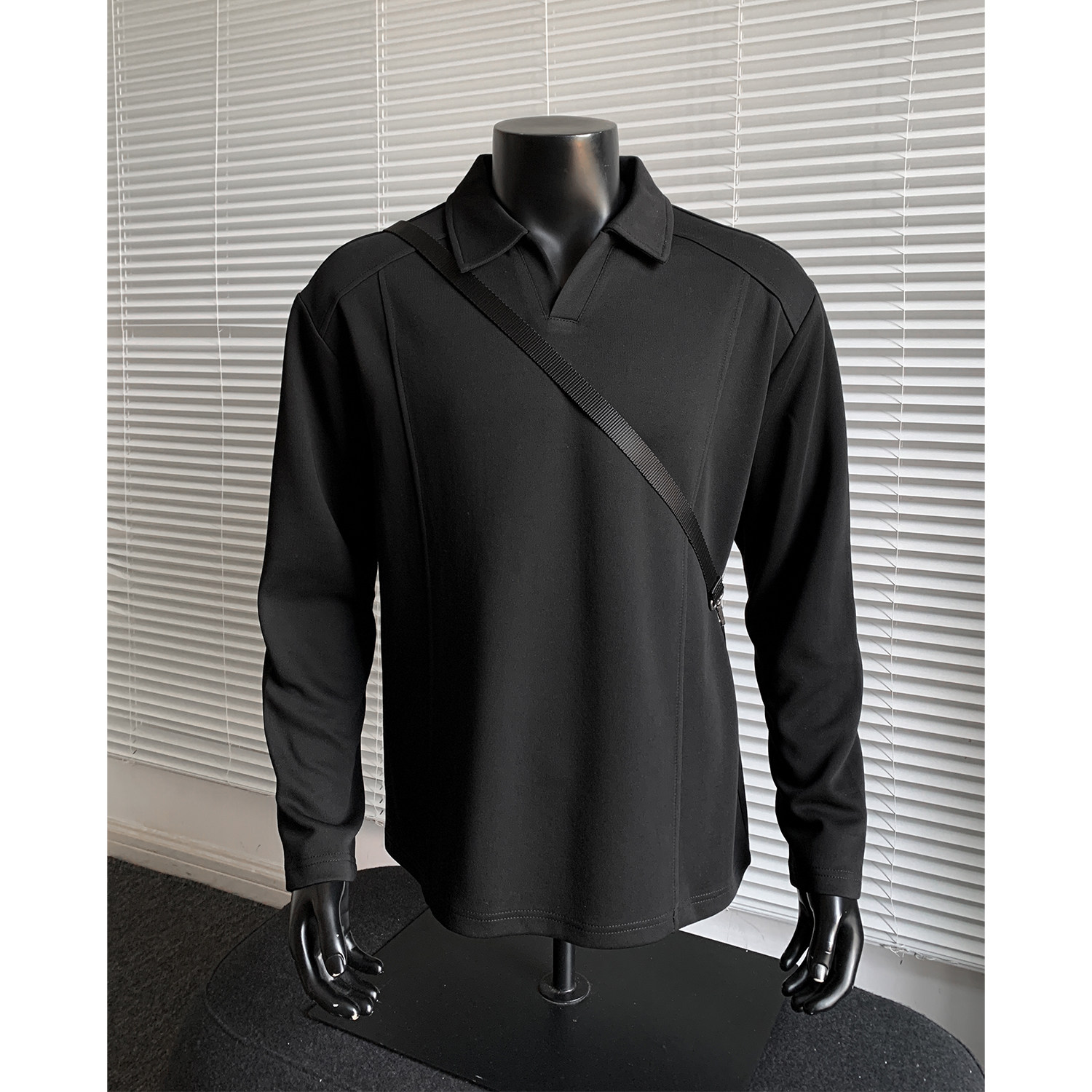 美式正肩海鸥领Polo衫长袖t恤男秋季重磅boxy卫衣黑色内搭打底衫