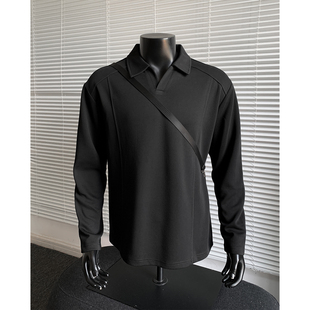 美式正肩海鸥领Polo衫长袖t恤男秋季重磅boxy卫衣黑色内搭打底衫