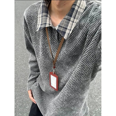 小香风粗织条纹polo衫男女秋季格子拼接正肩翻领长袖t恤情侣卫衣