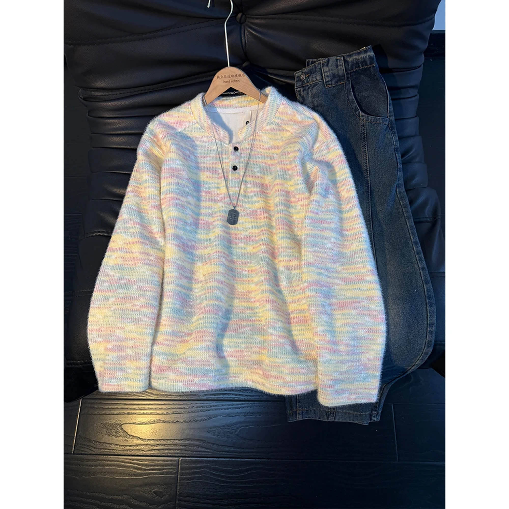 彩虹色亨利领针织卫衣男款春季情侣内搭打底衫高级感正肩长袖t恤