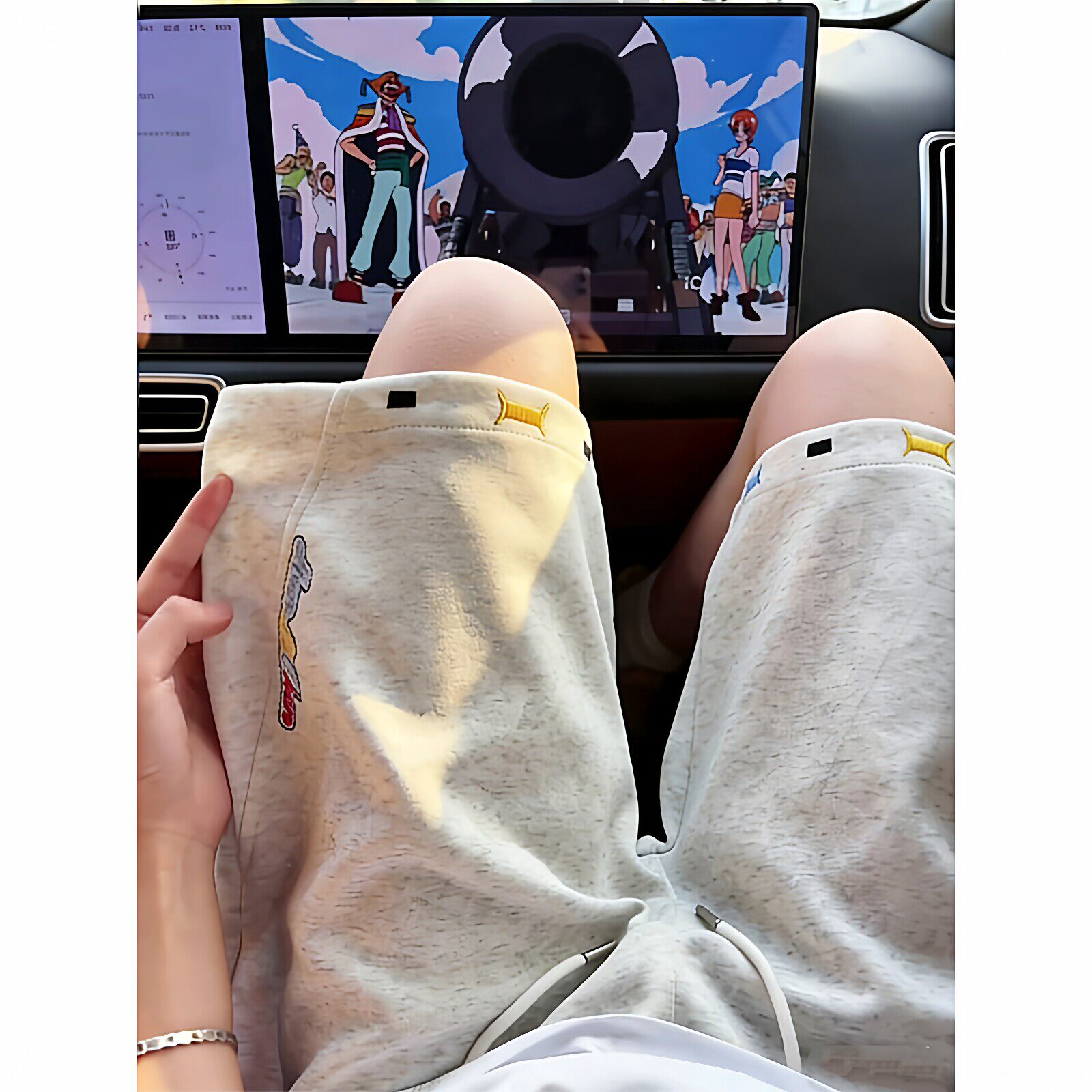 白灰色斜切刺绣短裤男夏季抽绳透气休闲卫裤宽松慵懒风运动五分裤