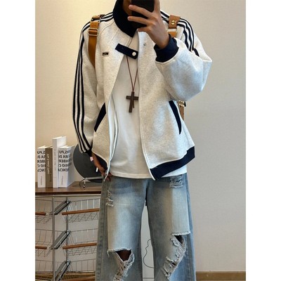 美式三条杠运动外套男款秋季学院风立领开衫卫衣cleanfit条纹夹克