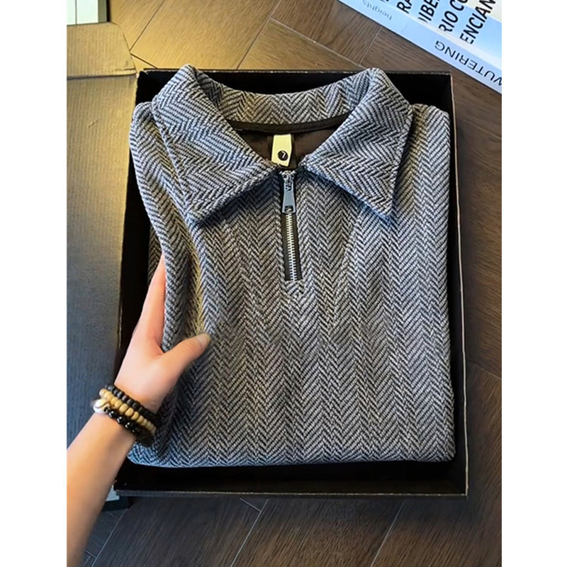 灰色人字纹半拉链polo针织衫男冬季加绒加厚正肩保暖卫衣潮牌外套