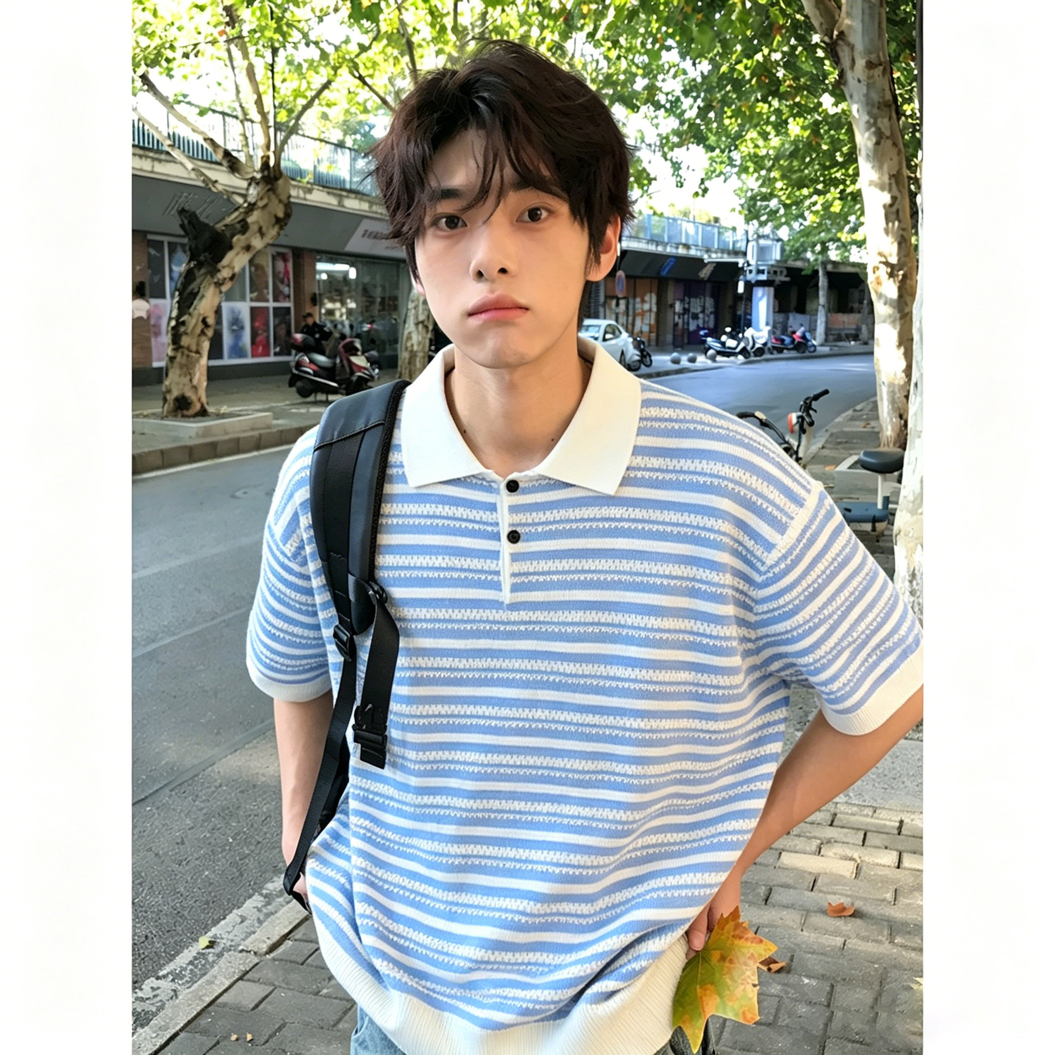 蓝白条纹镂空针织短袖POLO衫男夏季老钱风t恤慵懒人夫感穿搭半袖
