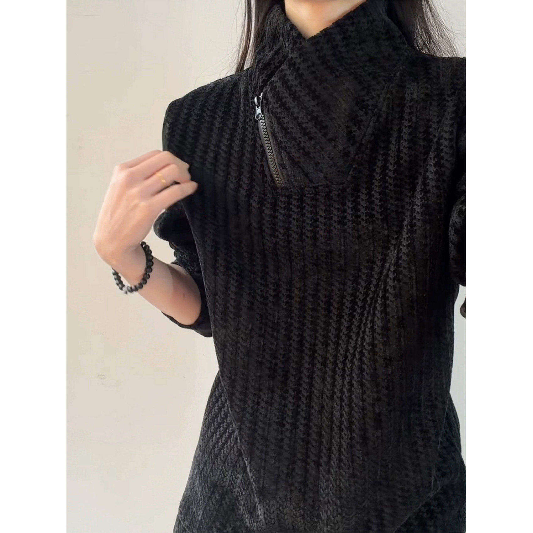 黑色斜领拉链加绒卫衣男款秋冬重磅鱼骨纹长袖t恤正肩内搭打底衫