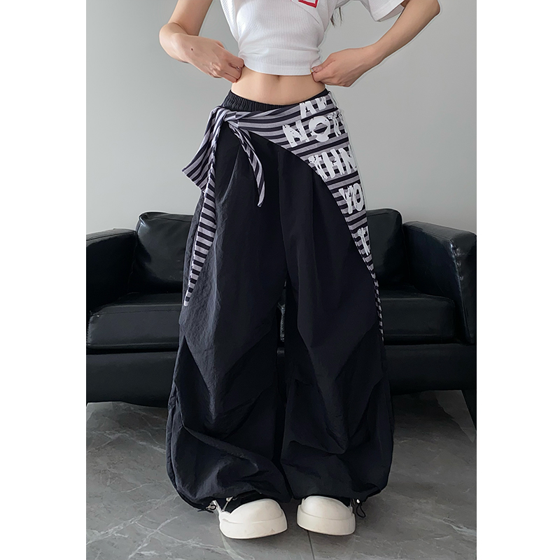 美式条纹字母屁帘叠穿绑带褶皱伞兵裤男女款街头嘻哈百搭垂感长裤