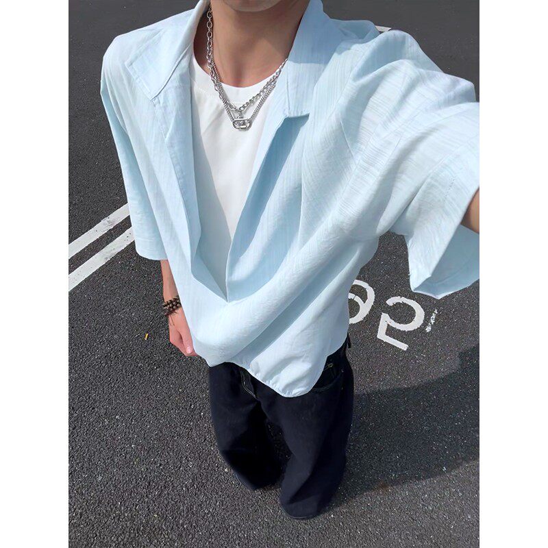 美式垂感假两件短袖衬衫男收腰