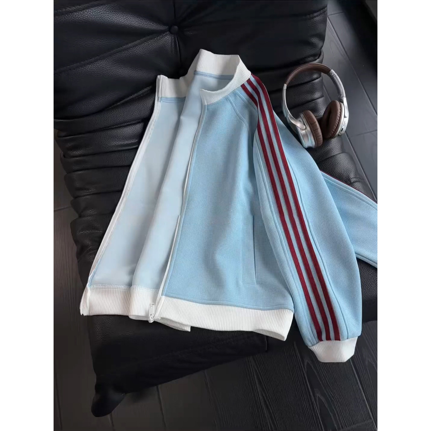 美式华夫格条纹开衫卫衣男秋季高级感立领棒球服运动情侣夹克外套