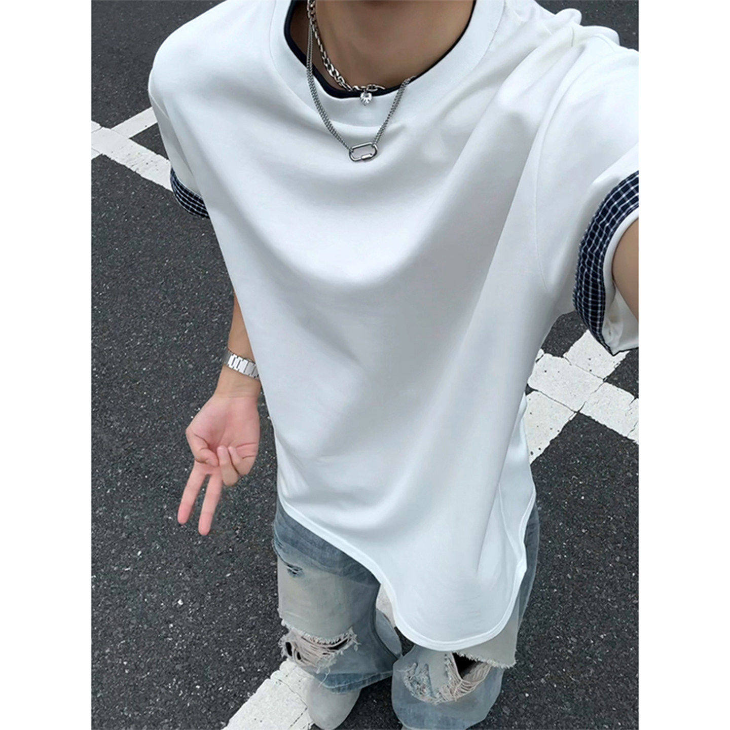 白色假两件格子拼接短袖男夏季美式重磅正肩T恤cleanfit痞帅半袖