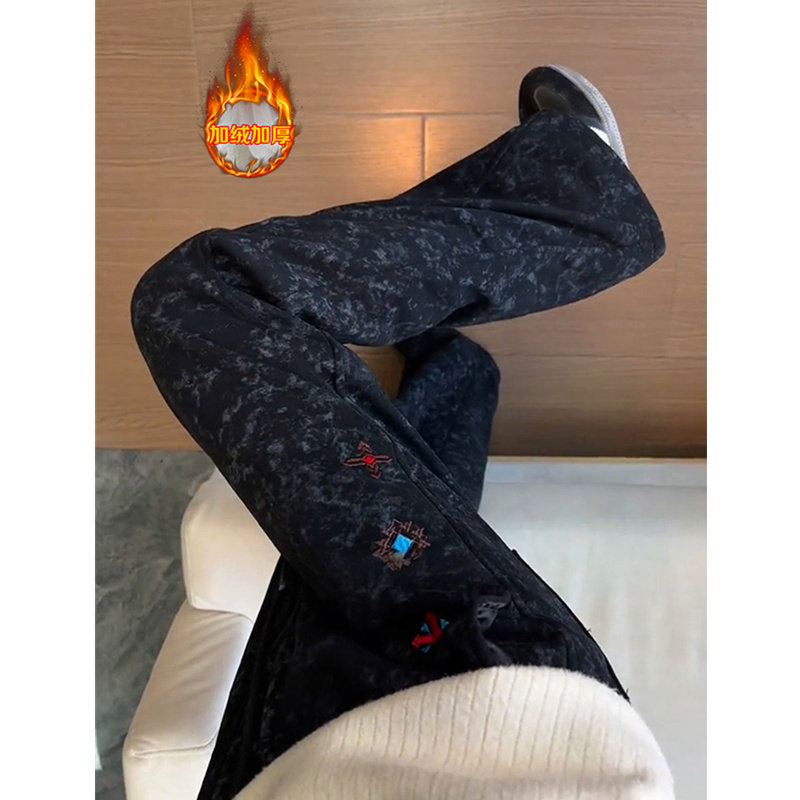 民族风刺绣扎染加绒卫裤男款冬季设计感美式vibe厚裤子直筒微喇裤