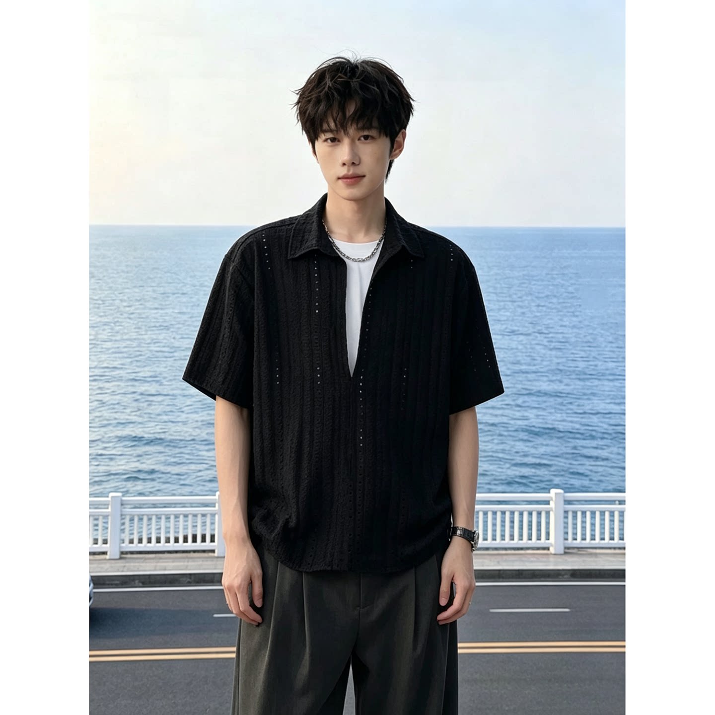黑色假两件衬衫短袖男夏季薄款透气镂空v领t恤衬衣翻领老钱风外套