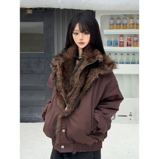 美式假两件狼王座山雕外套男款冬季高级感痞帅风双层毛领情侣棉服