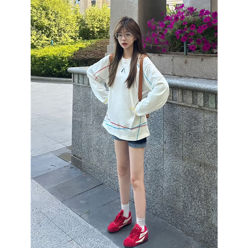 韩系复古撞色拼接字母设计感长袖t恤女春秋慵懒风宽松百搭上衣潮