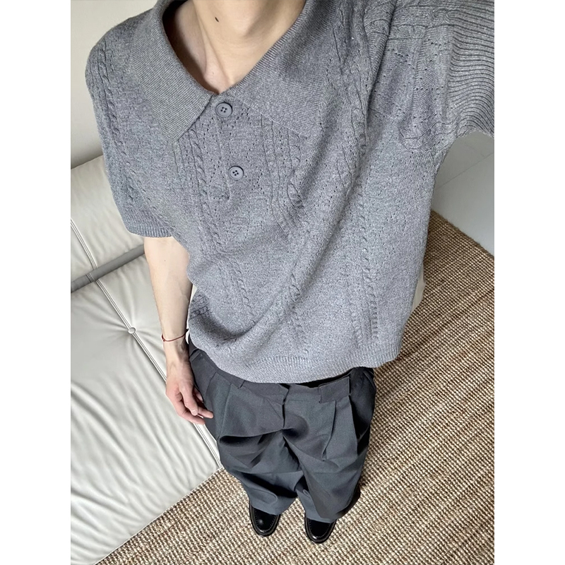 麦穗纹提花polo领t恤男夏季老钱风高级感镂空针织衫重磅正肩短袖