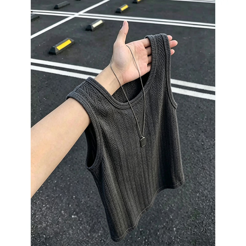 深灰色麦穗纹老钱风背心男夏季薄款肌理无袖t恤健身运动坎肩汗衫