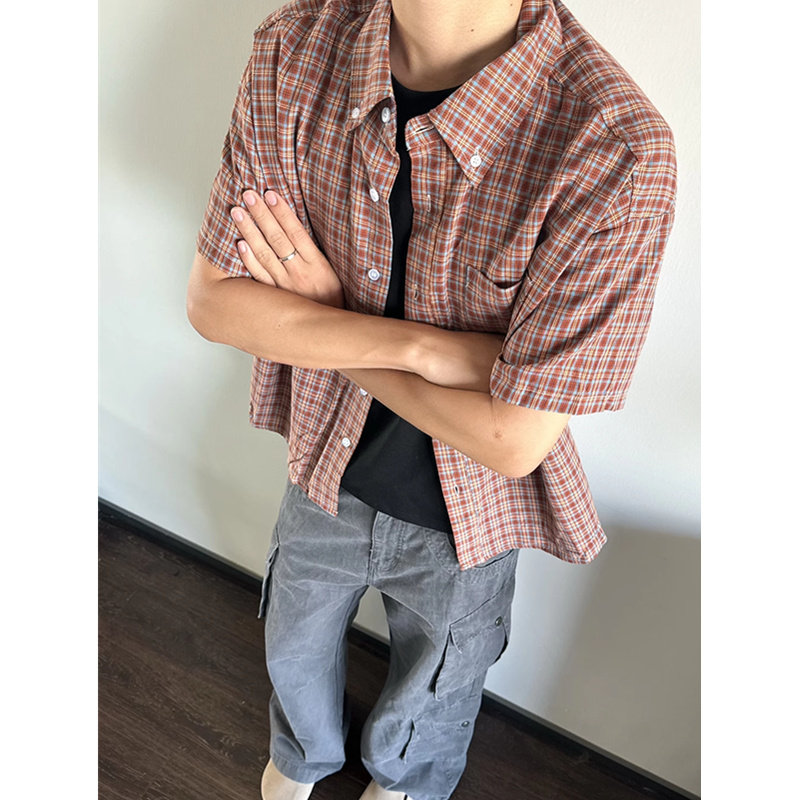 美式复古格子宽松短袖衬衫
