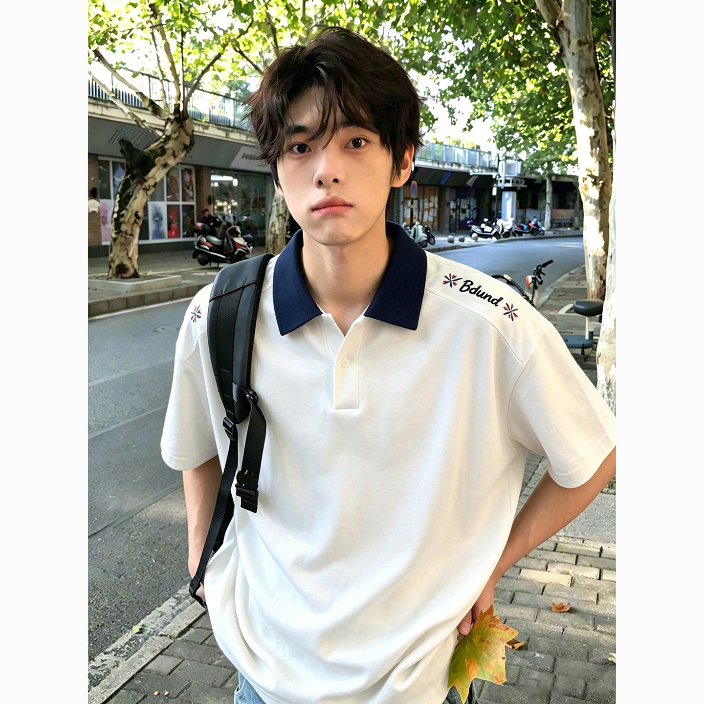 美式老钱风字母刺绣Polo短袖男夏季少年感白色休闲T恤宽松五分袖