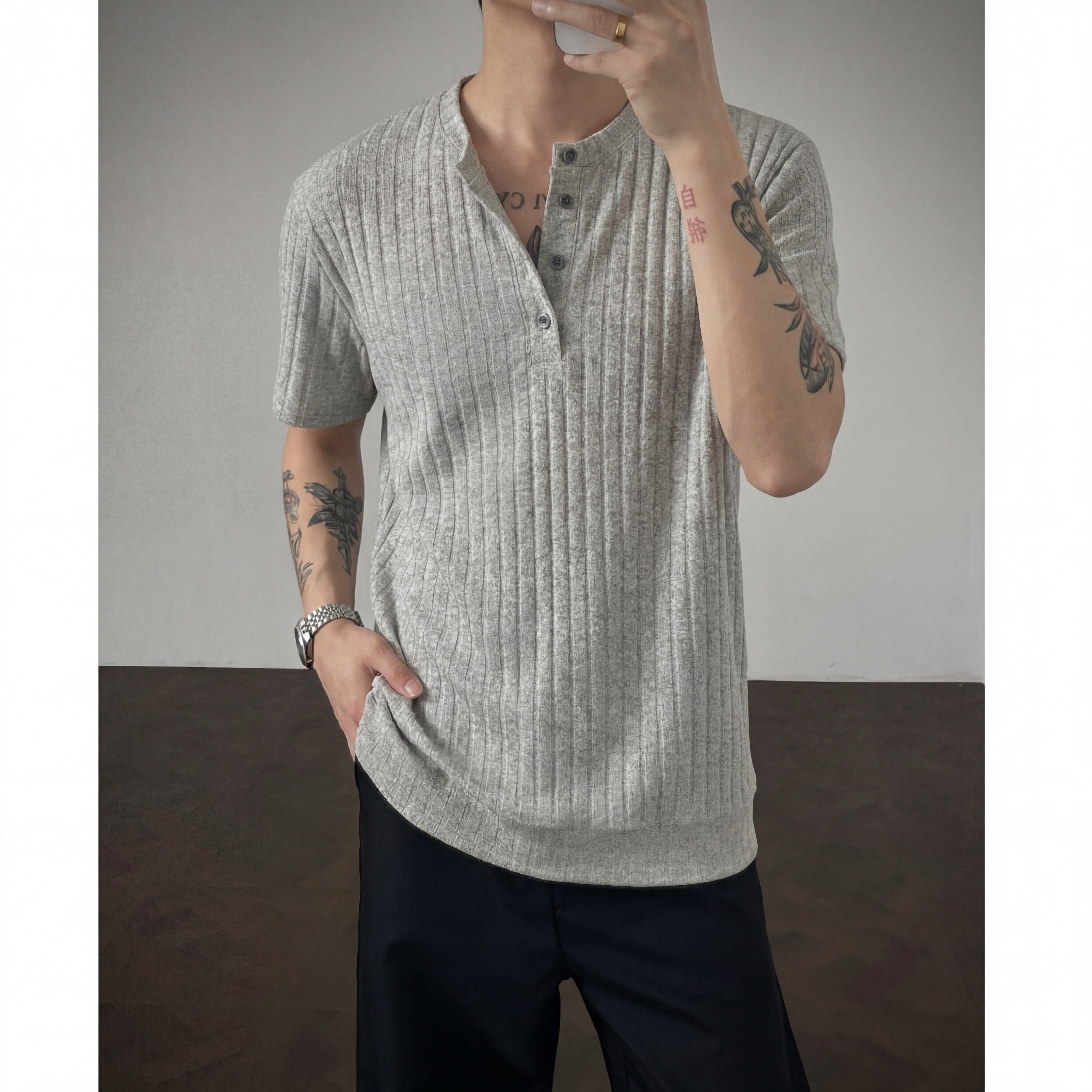 米灰色麻感亨利领t恤男夏季松弛感老钱风短袖polo衫美式正肩半袖