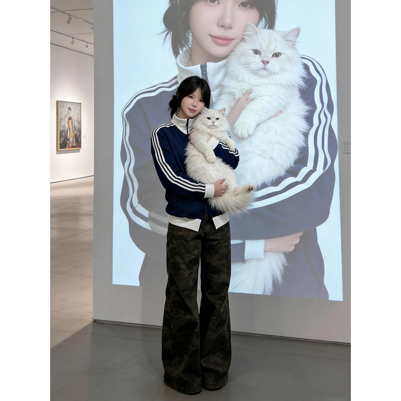 藏青色三条杠加厚立领夹克男春秋保暖痞帅棒球服美式运动卫衣外套