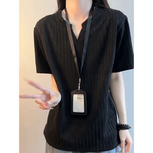 美式复古肌理感V领短袖男款夏季鱼骨纹正肩t恤重磅宽松休闲半截袖