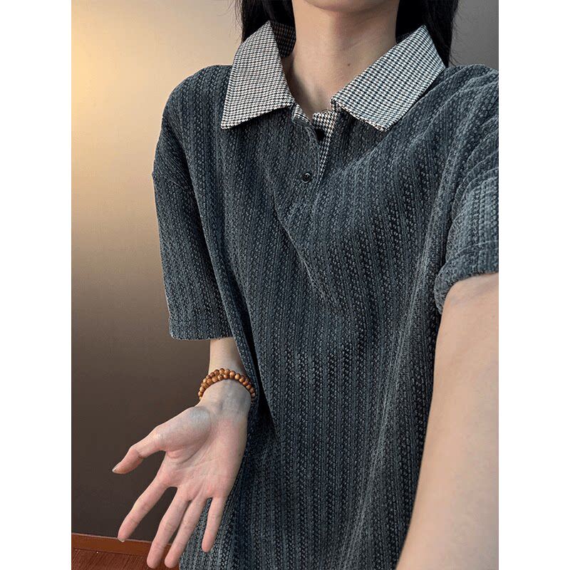 美式复古雪尼尔肌理POLO衫男款夏季千鸟格假两件宽松翻领短袖t恤