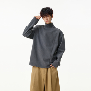 灰色高领德绒感打底衫男女冬季美式复古休闲内搭宽松运动长袖T恤