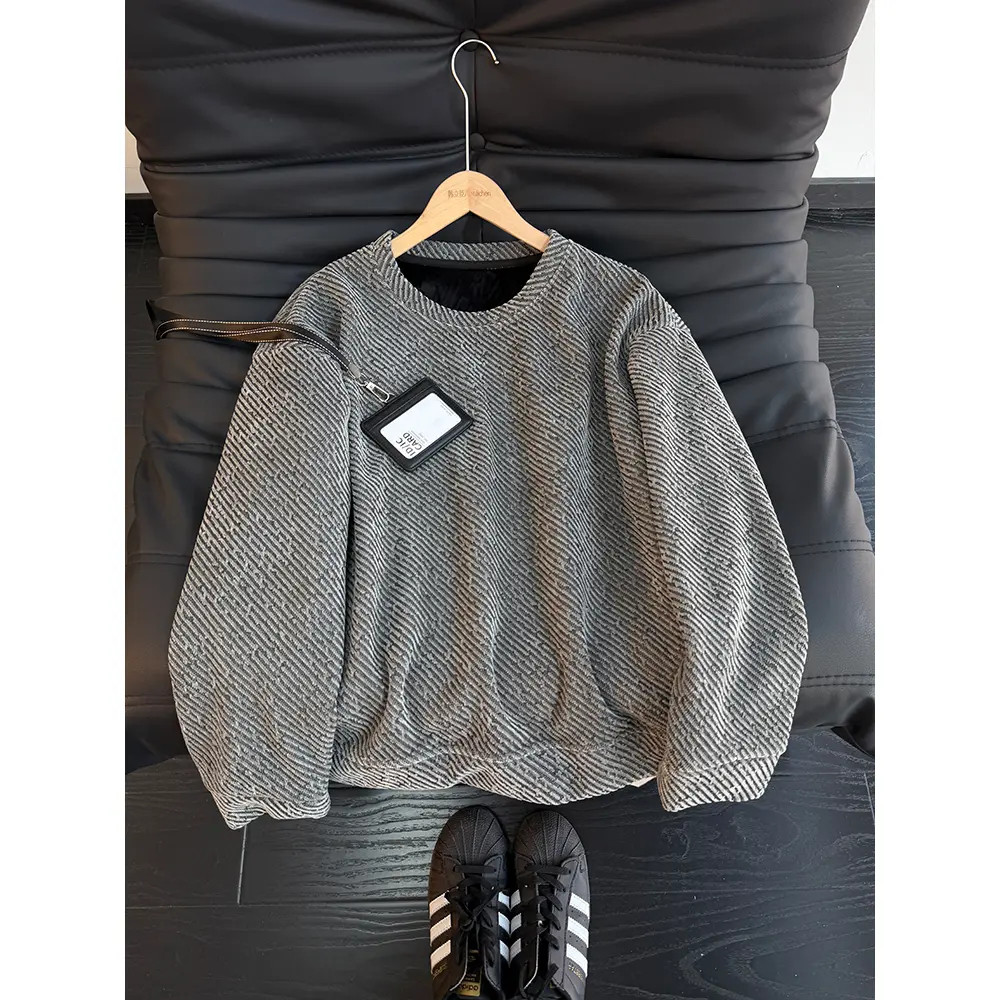 小香风斜纹针织卫衣男款冬季加绒加厚圆领长袖t恤美式内搭打底衫