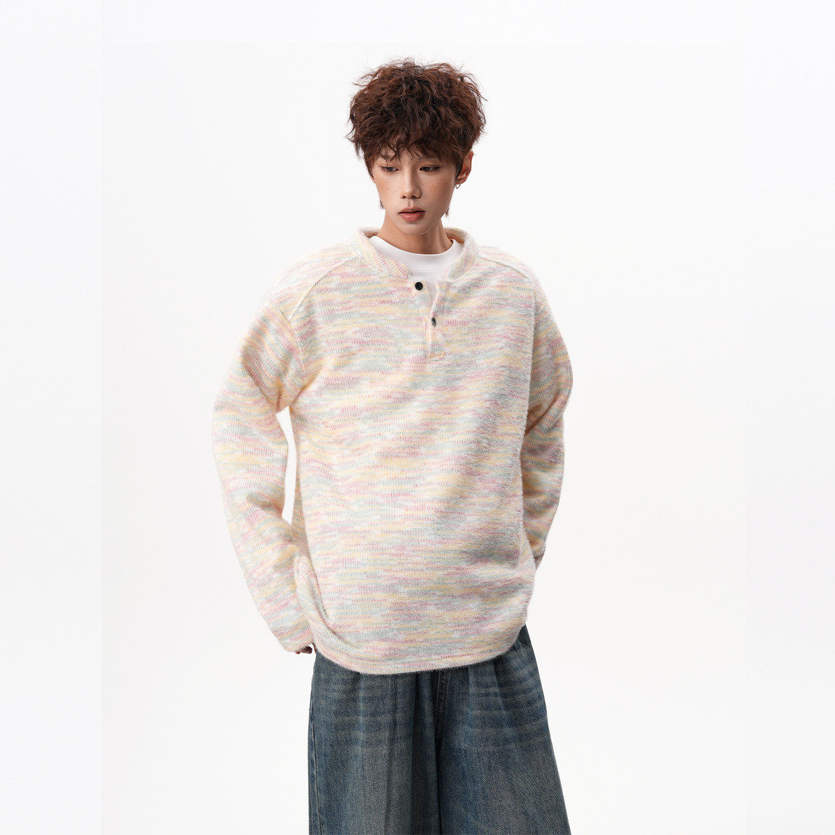 彩虹美式亨利领针织卫衣男款春秋季潮牌痞帅高级感内搭长袖打底衫