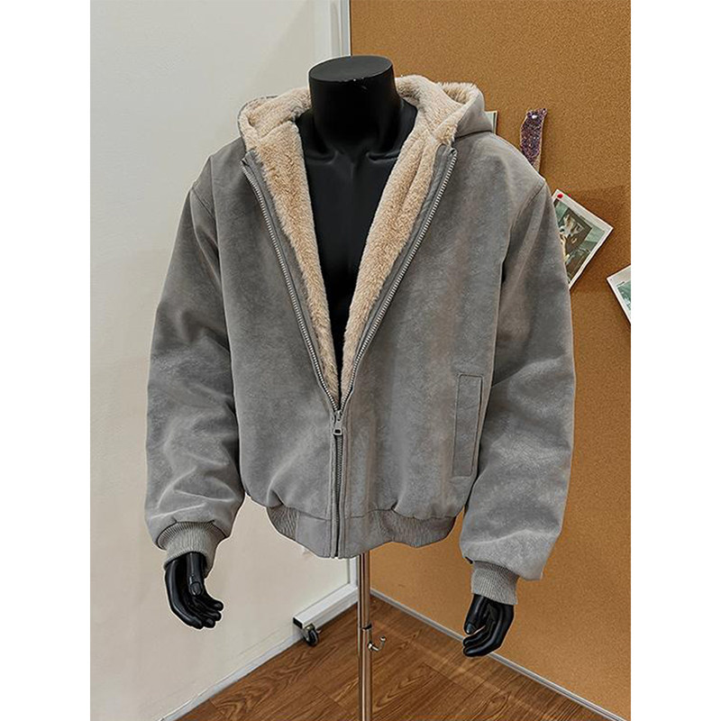 座山雕毛领连帽加绒夹克棉服短款加厚保暖扎染皮棉衣男生过冬外套