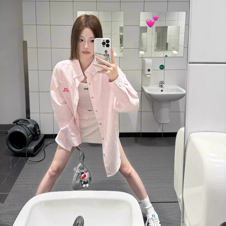 法式粉色条纹衬衫男早秋穿搭长袖上衣设计感开衫宽松气质衬衣外套