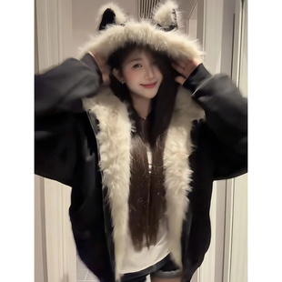 黑色麂皮毛领座山雕猫耳朵连帽外套男女冬季加绒加厚情侣棉衣棉服