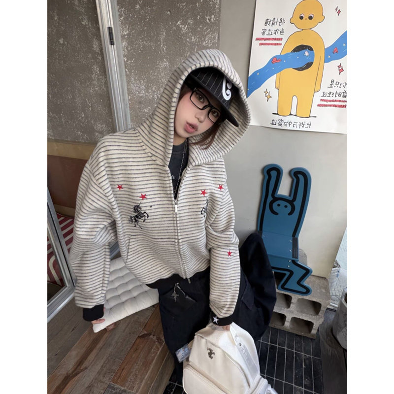 美式街头条纹外套男女秋红星独角兽刺绣连帽卫衣重磅宽松百搭上衣