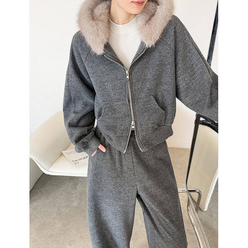 韩版休闲连帽/加绒加厚双毛领/女拉链卫衣一整套运动套装
