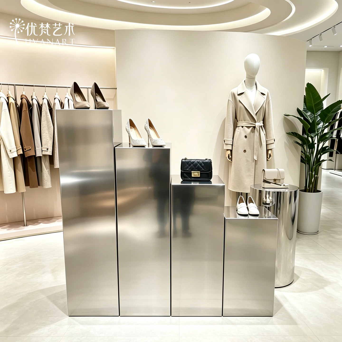 不锈钢展示台模特底座立柱方形地台服装店鞋店陈列道具中岛流水台图片