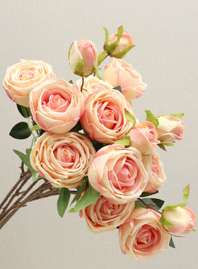 高级感香槟色3头皇妃玫瑰花仿真花绢花客厅复古装饰防真假花摆件