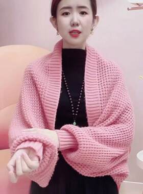 秋冬新款女时尚洋气密织网格开衫宽松长袖百搭款披肩外搭保暖护颈