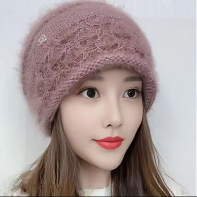 秋冬时尚保暖女士针织保暖松鼠绒毛线帽包头帽优雅镂空花针织帽子
