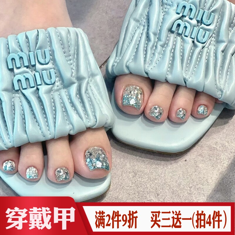 冰雪蓝色脚趾手工穿戴甲blingbling银亮片美甲贴成品辣妹假指甲片