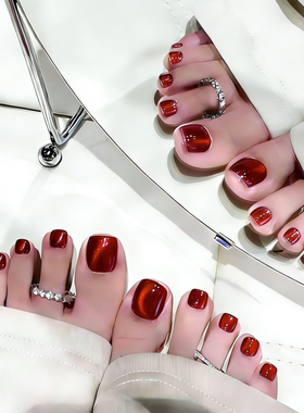显白赤红色猫眼脚趾手工穿戴甲暗红色气质美甲贴婚礼假指甲片分码