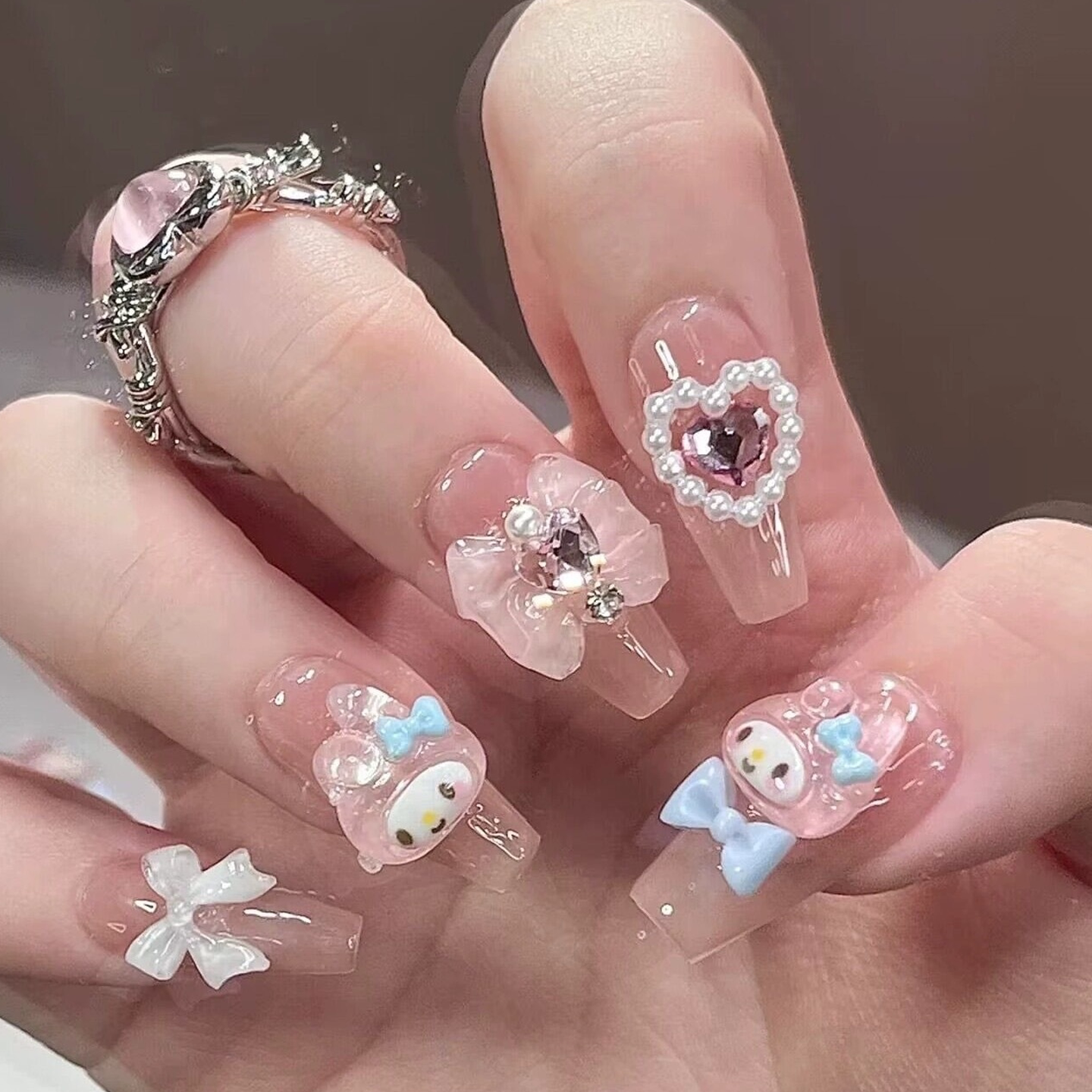 可爱美乐蒂蝴蝶结钻手工穿戴甲Lolita少女萝莉美甲贴成品假指甲片
