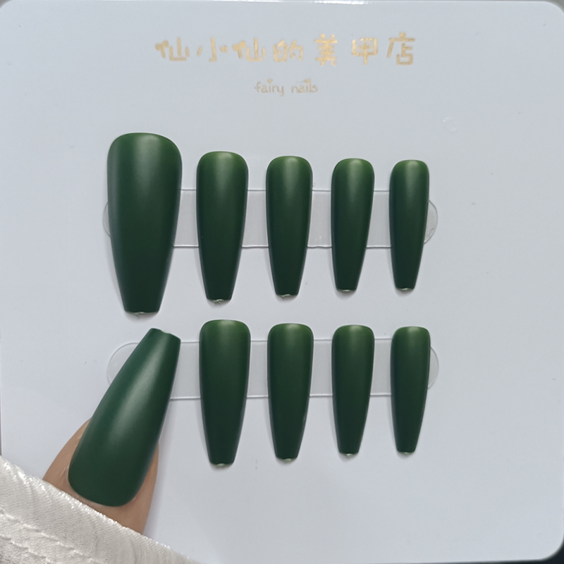 显白森绿色磨砂穿戴甲欧美风辣妹美甲贴成品长T梯形哑光假指甲片