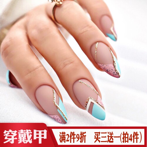 欧美风复古拼接法式假指甲片FakeNail成品杏仁尖头辣妹穿戴美甲贴