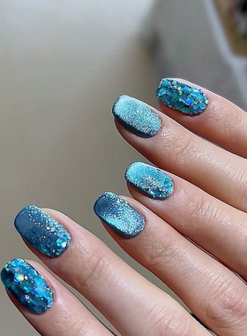 海蓝色亮片晶石猫眼穿戴甲blingbling气质显白美甲片成品假指甲贴