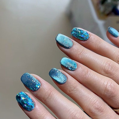 海蓝色亮片晶石猫眼穿戴甲blingbling气质显白美甲片成品假指甲贴