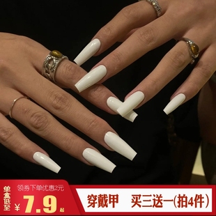 直梯纯白色穿戴甲跨境外贸欧美风辣妹cos美甲贴成品长T型假指甲片